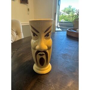Vintage MCM Tiki Mug Ceramic Face Mustache Beard Vase Decor Yellow Brown‎